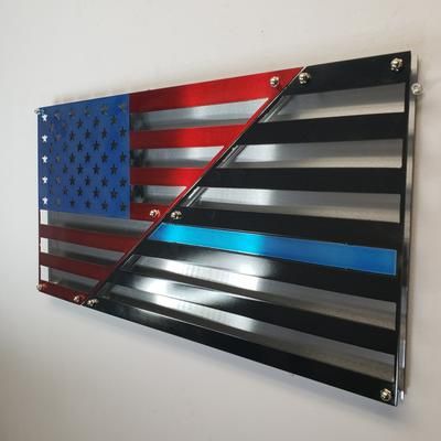 American / Blue Line Layered US Flag  / 2 Layered, Polished US Flag Wooden American Flag Decor, American Flag Metal Art, American Flag Wall Hanging, Wood Flags, Rustic Wooden American Flag, Metal American Flag, American Flag Wall Decor, American Flag Painting, American Flag Wall Art