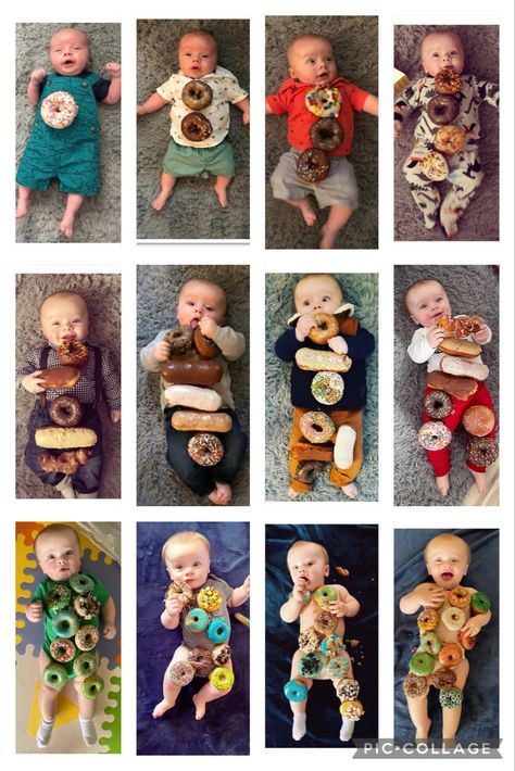 Donut Monthly Milestone Pictures, August Theme Baby Photos, June Baby Milestone Picture, 6 Month Donut Photoshoot, Fruit Milestone Pictures, Donut Milestone Pictures, Milestone Picture Ideas, Lucas Baby, Donut Photos