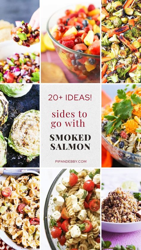 Picture collage of foods that will pair well to serve with smoked salmon. Recipes With Smoked Salmon, Smoked Sides, Salmon Sides, Roasted Broccoli And Carrots, Salmon Dinner Recipes, Salmon Meal Prep, Side Dishes For Salmon, Grilled Cabbage, Delicious Sides