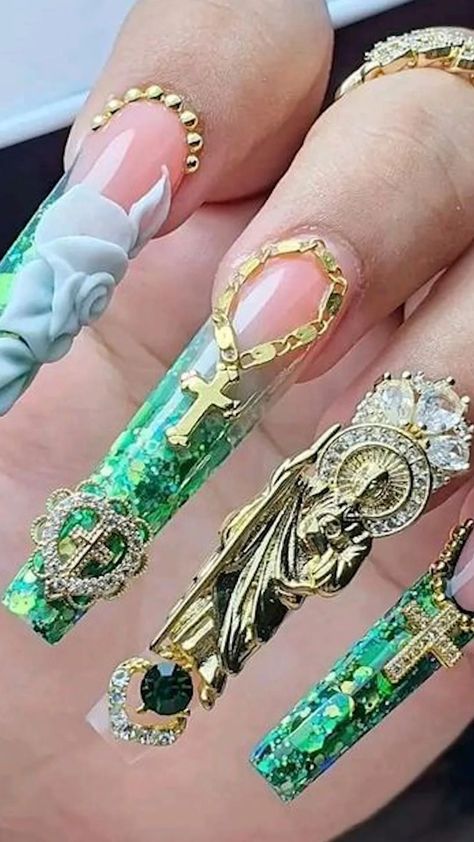 nail designs trending now gel 2024 | Spring Nails Low Rider Nails, San Judas Nails, Chicana Nails, Nail Designs Trending Now, Summer Nails Art Designs, Acrylic Nail Designs Classy, Summer Nails Art, Green Acrylic Nails, Nail Charm