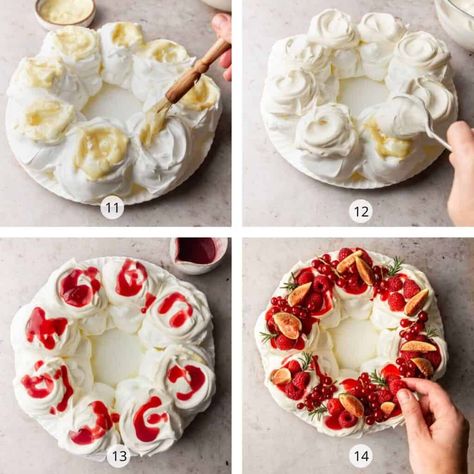 This show-stopping Christmas Pavlova Meringue Wreath is deceptively simple to make. Crisp meringue with a pillowy interior is topped with whipped cream and fresh fruit. A stunning dessert. Christmas Pavlova Recipe, Meringue Wreath, Pavlova Wreath, Christmas Pavlova, Holiday Baking List, Raspberry Coulis, Toffee Sauce, Pavlova Recipe, Sweetened Whipped Cream