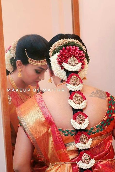 https://youtu.be/e9sikkTbYk8 Bridal Jada, Floral Braid, Traditional Hairstyles, South Indian Wedding Hairstyles, Poola Jada, Brocade Blouse Designs, Bridal Hair Decorations, Hair Ornaments Wedding, Bridal Hairstyle Indian Wedding