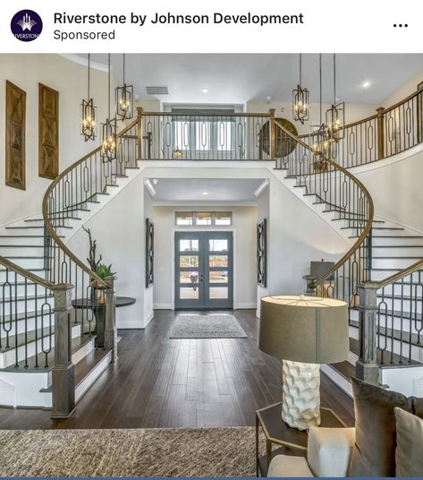 Double staircase Curved Staircase Foyer, Luxury Houses Entrance, Double Staircase, Luxurious Homes, Planned Community, Narrow Living Room, House Staircase, Stairway Design, Foyer Design