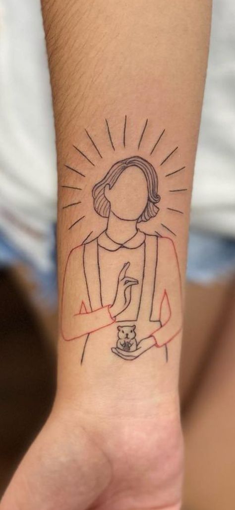 Fleabag Embroidery, Princess Diaries Tattoo, Fleabag Tattoo Ideas, Fleabag Drawing, Normal People Tattoo, Fleabag Tattoo, Boygenius Tattoo, Film Tattoo, Heart Tattoo On Finger