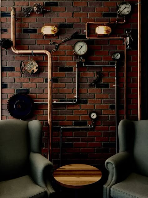 Steam Punk Office Ideas, Quirky Industrial Interior, Steam Punk Wall Art, Steampunk Bedroom Aesthetic, Steam Punk Basement, Steam Punk Decorations, Steampunk Cafe Coffee Shop, Steam Punk Room Aesthetic, Steampunk Industrial Decor