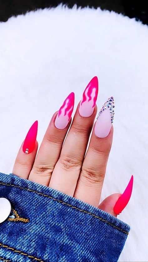 Grandma Nails, Pink Flame Nails, Esthetics Salon, Bright Summer Acrylic Nails, Press On Nails Pink, Flame Nails, Crackle Nails, Nail Goals, Acrylic Ideas