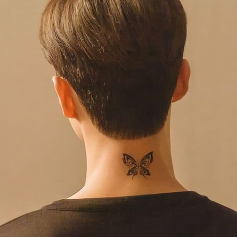 Back Of Neck Tattoo Men, Butterfly Neck Tattoo, Song Tattoos, Butterfly Hand Tattoo, Back Of Neck Tattoo, Neck Tattoos Women, Tatuaje A Color, Butterfly Tattoos, Butterfly Tattoo Designs