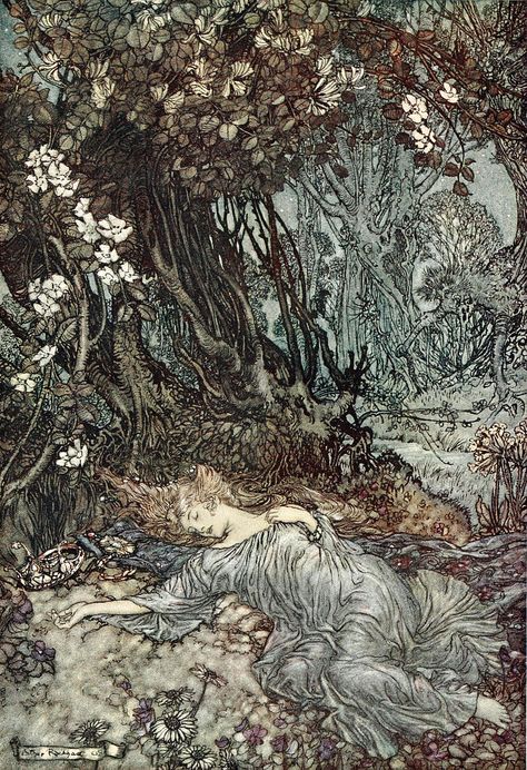 Titania lying asleep - Category:A Midsummer Night's Dream in art - Wikimedia Commons Harry Clarke, Edmund Dulac, Dream Images, Postal Vintage, Arthur Rackham, Midsummer Night's Dream, Fairytale Illustration, Midsummer Nights Dream, Fairytale Art