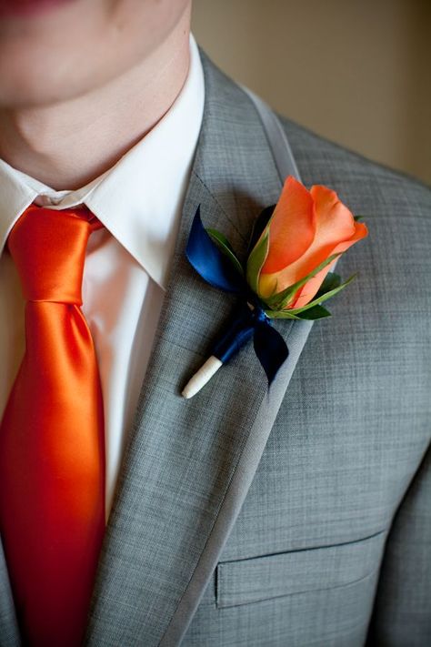 floral wedding boutonnieres Orange Boutonniere, Blue Boutonniere, Blue Weddings, Rose Boutonniere, Wedding Groomsmen, Coral Wedding, Prom Ideas, Boutonniere Wedding, Orange Wedding