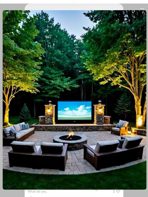 Backyard Interior Design, Outdoor Movie Theater Backyard, Pool With Fire Pit Area, Farm Outdoor Decor, Fire Pits Backyard Ideas, Outdoor Theater Ideas, Fire Pit Ideas Backyard, Outdoor Movie Theater, Backyard Layout