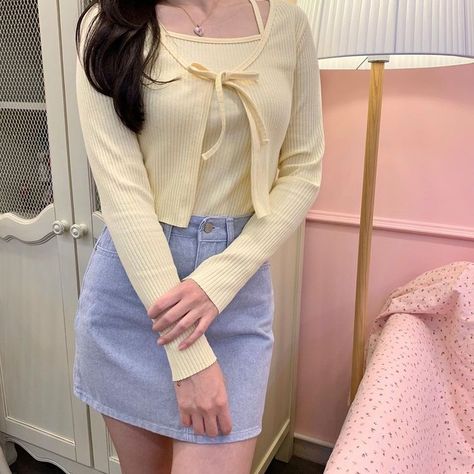 Yellow Dress With Cardigan, Pastel Yellow Dress, Hyuna Fashion, Coolest Outfits, Cardigan Korean, Tiktok Outfits, Yellow Fits, Cardigan Set, Pastel Outfit