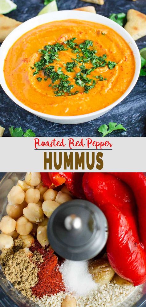 Roasted red pepper hummus - amazingly delicious, creamy and healthy hummus perfect for snacks with pita chips or as a side to any Mediterranean dish. Humus Recipe Easy, Mediterranean Dips, Roasted Red Pepper Hummus Recipe, Red Pepper Hummus Recipe, Red Pepper Recipes, Healthy Hummus, Dips Recipes, Meatless Dishes, Hummus Recipe Homemade