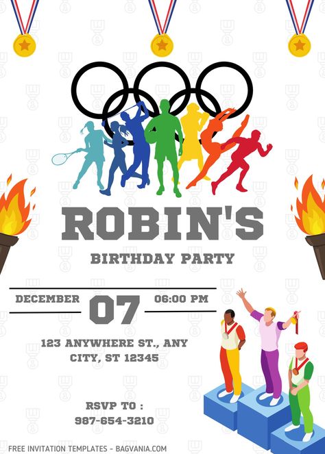 Download Now FREE Olympics Themed Birthday Invitation Templates #free #freeinvitation2019 #birthday #disney #invitations #invitationtemplates Olympic Party Invitations, Olympics Invitation, Sports Day Kindergarten, Olympic Birthday Party, Summer Olympics Party, Diy Invitation Card, Shark Birthday Invitations, Olympic Theme, Olympic Party