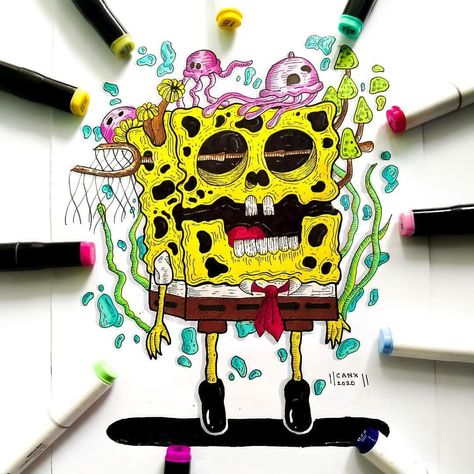 Creepy Spongebob, Spongebob Shows, Fairy Tail Drawing, Creepy Sketches, Spongebob Drawings, Drip Art, Red Painting, Art Basics, Cd Art