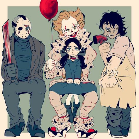 Friday the 13th, Jason Voorhees, IT, Pennywise, Orphan, Esther, Leatherface, Horror Characters, Horror Movies, Pixiv (Credits for the Artist) Orphan Esther, Movie Slashers, Horror Villians, Chucky Horror Movie, Friday The 13th Jason, Gif Terror, It Pennywise, Horror Movies Funny, Movie Horror