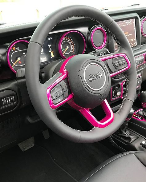 Jeep Pink Interior, Jeep With Pink Accents, Black And Pink Jeep, Jeep Wrangler Matte Black, Jeep 2 Door, Pink Jeep Accessories, Jeep Pink, Pink Jeep Wrangler, Silver Jeep