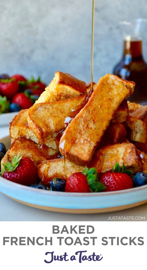 Ditch the butter and skip the stovetop in favor of Baked French Toast Sticks! These dunkable dippers are freezer-friendly, so make a big batch today and freeze any extras for the ultimate meal prep breakfast. #justatasterecipes Baked French Toast Sticks, Easy Cinnamon French Toast, French Toast Sticks Recipe, Baked French Toast, French Toast Sticks, Make French Toast, Cinnamon French Toast, Just A Taste, French Toast Bake