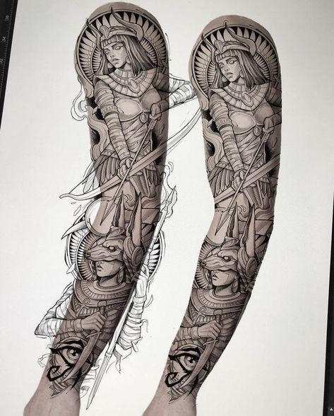 Egyptian Forearm Tattoo, Egyptian Goddess Tattoo, Egypt Tattoo Design, Half Sleeve Tattoos Sketches, Mangas Tattoo, Unique Tattoos For Men, Egyptian Tattoo Sleeve, Full Leg Tattoos, Egypt Tattoo