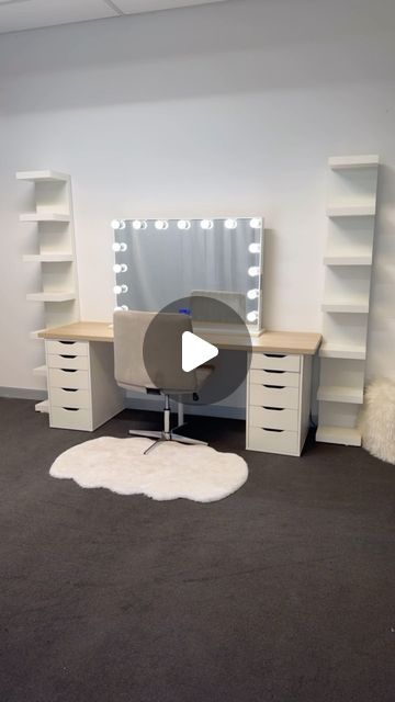 VANITY COLLECTIONS on Instagram: "What we used ⬇️⬇️ IKEA Lagkapen desk - desk top is 200cm wide  2 x Ikea lack shelves  From us - Vanity Collections 1 x VC PRO DELUXE HOLLYWOOD MIRROR  1 x VC GREY VANITY CHAIR  Our grey jewellery trays on the lack shelf Our Lipgloss and lipstick holder  1 x VC GRID TRAY and VC MINI TRAY in the Ikea alex drawer  Shop via the reel  ✈️ EXPRESS shipping to the USA 📦 $10 Flat rate Australia wide shipping (Excludes mirrors and tables) 🇦🇺 Perth Pick Up welcome 🌍 world wide shipping. 💰 Afterpay and Zippay available" Ikea Vanity Ideas, Lack Shelves, Vanity Collections, Lack Shelf, Ikea Lack Shelves, Ikea Vanity, Grey Vanity, Ikea Alex Drawers, Alex Drawer