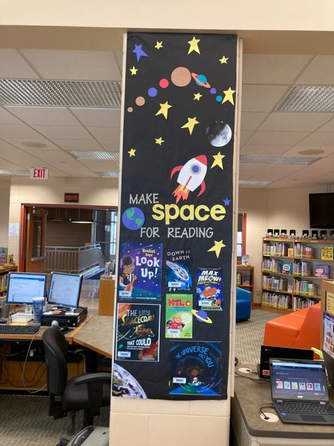 Space Themed Fundraiser, Space Themed Reading Corner, Outer Space Library Theme, Space Library Theme, Space Library Display, Space Themed Literacy Night, Space Theme Library, Book Fair Themes Library Displays, Space Book Fair Theme