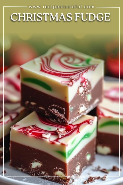 This festive Christmas Fudge is a sweet and colorful holiday treat made with white chocolate and sweetened condensed milk. It’s easy to make and perfect for sharing during the holidays. With red, green, and white layers, it’s a cheerful addition to any dessert table or gift box! Christmas Dessert Gift Boxes, Christmas Dessert Gifts, Christmas Treats Boxes, White Chocolate Fudge, Christmas Fudge, Christmas Recipes Easy, Holiday Sprinkles, Homemade Candy, Christmas Food Dinner