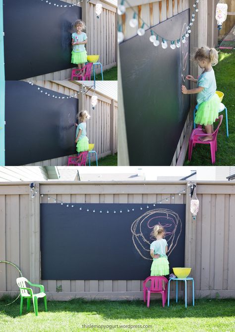 Backyard Chalkboard, Diy Kids Playground, Outdoor Chalkboard, Backyard Kids Play Area, Backyard Fence, Lemon Yogurt, Outdoor Play Area, Kids Outdoor Play, Playground Design