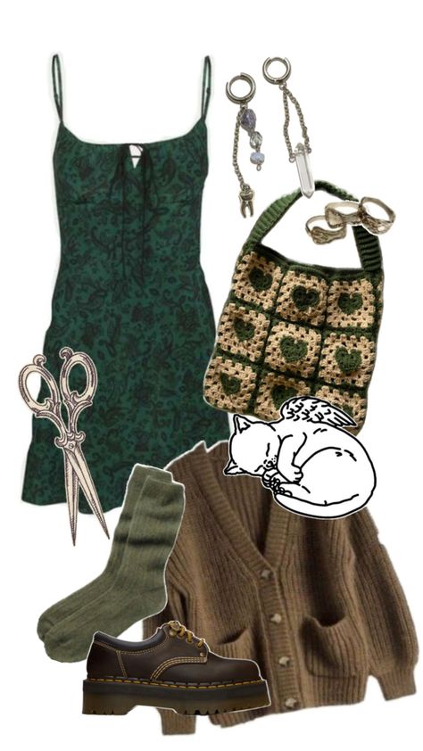 Collage of green clothing items and accessories. Vintage Style Clothes, Casting Spells, Autumn Fits, Gorgeous Clothes, Style Clothes, Fashion Lookbook, Dream Clothes, College Outfits, Aesthetic Outfits