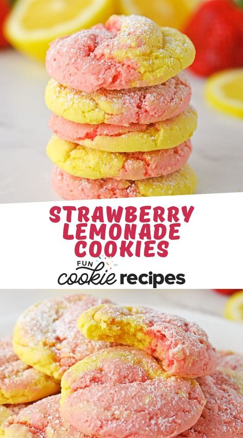 Cake Mix Strawberry Lemonade Cookies Strawberry Lemonade Cookies, Lemonade Cookies, Lemonade Strawberry, Easy Strawberry Lemonade, Strawberry Lemon Cake, Lemon Cake Mix Cookies, Oreo Cake Pops, Meals Kids Love, Crinkle Cookies Recipe