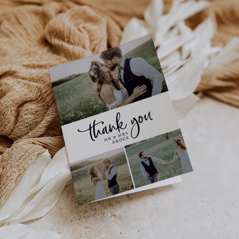 $3.39 | Rustic Script 3 Photo Collage Folded Wedding #rustic folded thank you notes, modern bride groom picture thanks, boho 3 wedding photo collage, simple vintage winter thank yous, romantic outdoor simplistic whimsical, classic minimalist country summer k900, minimal bohemian fall backyard barn, spring autumn unique calligraphy script, cute contemporary handwritten lettering, monochrome black white typography font Wedding Thank You Cards With Photo, Thank You Card Design Wedding, Thank You Card For Wedding, Wedding Thank You Card Design, Thank You Wedding Cards, Thank You Card Wedding, Thank You Cards Wedding, Newspaper Wedding, Wedding Photo Collage