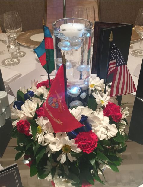 Marine Corps Birthday Ball - Patriotic Centerpiece by Its My Delight Event Design Marines Party Centerpieces, Marine Corp Centerpieces, Marine Corps Ball Centerpieces, Air Force Retirement Centerpiece, Veteran Centerpiece Idea, Military Ball Decorations, Military Centerpiece Ideas, Marine Birthday, Military Retirement Party Decorations