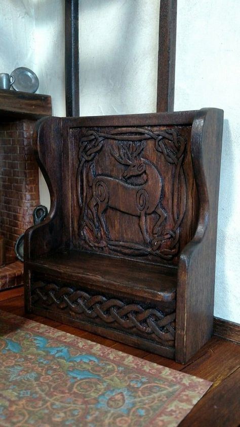 SETTLE / High Back BENCH Handcarved Celtic Deer & Celtic Knot | Etsy Celtic Deer, Tudor Dollhouse, High Back Bench, Medieval Decor, Medieval Furniture, English Country Decor, Miniatures Tutorials, Miniature Furniture, Dream House Decor