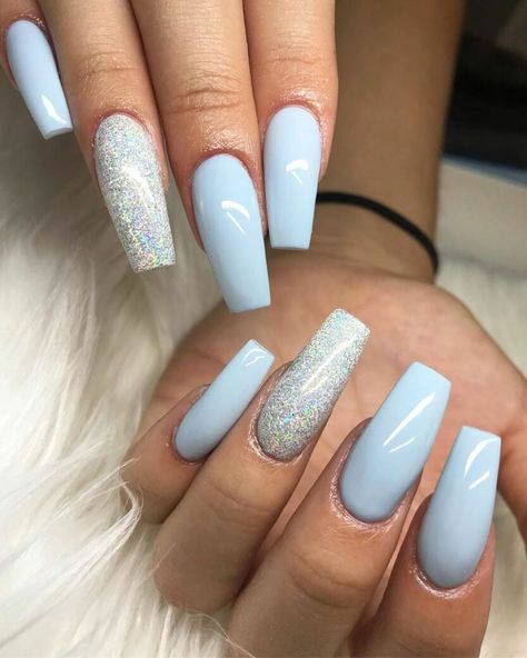 +35 Top Light Blue Glitter Nails - POLYVORE - Discover and Shop Trends in Fashion, Outfits, Beauty and Home Baby Blue Coffin Nails, Baby Blue Acrylic Nails, Blue Coffin Nails, Blue Glitter Nails, Nails With Glitter, Baby Blue Nails, Blue Acrylic Nails, Winter Nails Acrylic, Pretty Nail Art Designs