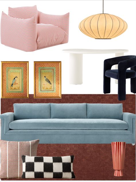 Rust Indigo Blush Living Room, Eclectic Living Room Mood Board, Blue Couch Mood Board, Blue Red Interior Design, 70s Living Room Blue Couch, Maxamilist Interior Blue, Quirky Cottage, Quirky Living Room, Burgundy Room