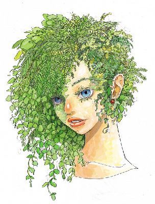 Leaf Hair Drawing, Dryads Art, Plant Hair Drawing, Green Hair Character Design, Nature Creatures, Short Hair Drawing, Plant Hair, Flowers Paintings, Perspective Drawing Architecture