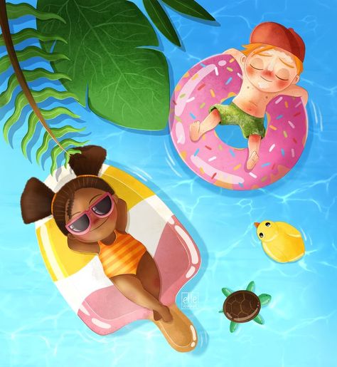 A boy and a girl sunbathing on inflatable. Summer Holidays Kids, Design Storyboard, Flamingo Pool Parties, Sea Illustration, Illustration Art Kids, Summer Illustration, Childrens Books Illustrations, 캐릭터 드로잉, Two Friends