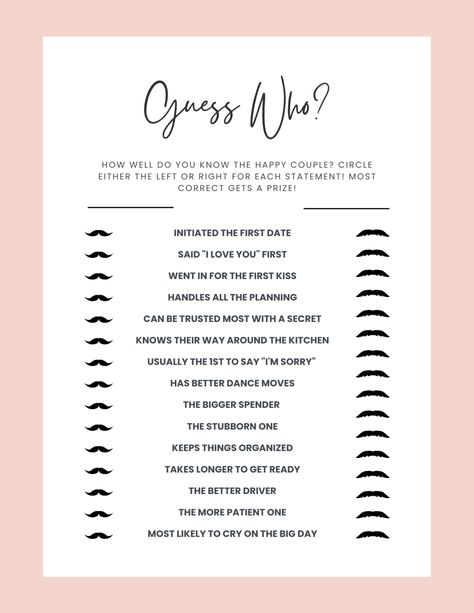 He Said She Said Bridal Shower Game | Free Printable Template Printable Bridal Shower Games Free, Wedding Shower Games Free Printables, Bridal Shower Games Funny Interactive, Hilarious Bridal Shower Games, Couples Shower Games, Bridal Shower Games Free Printables, Couples Wedding Shower Games, Bridal Shower Games Funny, Couples Quiz