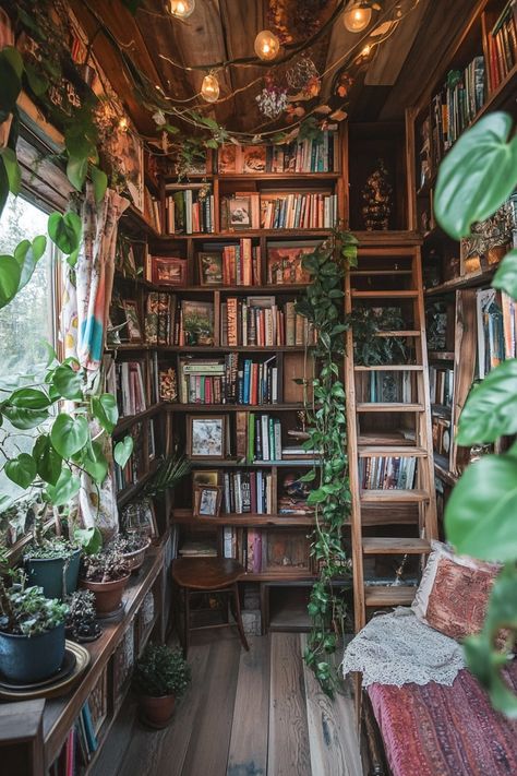 Tiny house library. Bohemian style, ladder to floating shelves, surrounded by tropical green plants.  Welcome to a world where art, creativity, and minimalist living collide. If the word 'boho' makes your heart flutter and the thought of tiny libraries sends your mind spiraling into a world of imaginative exploration, prepare for a captivating journey. Step into an enchanted universe of 53 innovative and awe-inspiring…  Read more: https://tastyinteriors.com/generated-post-53-boho-tiny-house-library-ideas/ Boho Book Shelves, Book Shelf Ladder, Cute Library Room, Outdoor Library Ideas, Library She Shed, Children’s Library Ideas, Earthy Library, Plants On Bookshelves, Maximalist Bookshelf