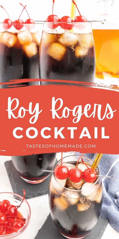 The Roy Rogers cocktail is an adult version of the popular Roy Rogers Mocktail. It is made with cola, grenadine, and dark rum, though it can be made with whisky or bourbon instead. It's a slightly sweeter twist on the standard rum and coke. Garnish with maraschino cherries or a lime wedge and serve it with lots of ice.  For a flavor variation, try root beer, Dr. Pepper or cherry coke. Cherry Coke Cocktail, Roy Rogers Drink, Rum And Coke, Special Drinks, Cherry Coke, Maraschino Cherries, Cherry Cocktail, Tasty Drinks, Lime Soda