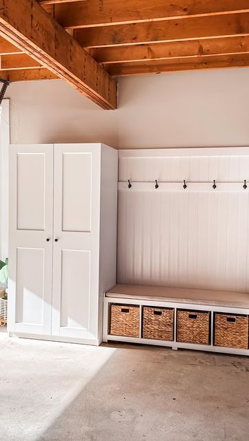 Garage Shoe And Bag Storage, Garage Entry Mudroom Ideas, Creating A Mudroom In Garage, Drop Zone Garage Entry, Garage Shoe And Coat Storage, Basement Coat Storage Ideas, Garage Cubby Storage Diy, Mudroom Next To Stairs, Mudroom Cleaning Storage