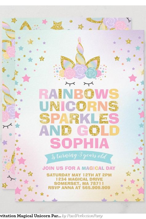 Unicorn Birthday Invitation Magical Unicorn Party 5th Birthday Girls, Unicorn Invitation, Unicorn Birthday Invitation, Magical Birthday, Unicorn Birthday Invitations, Unicorn Invitations, Unicorn Birthday Party, Magical Unicorn, Rainbow Unicorn