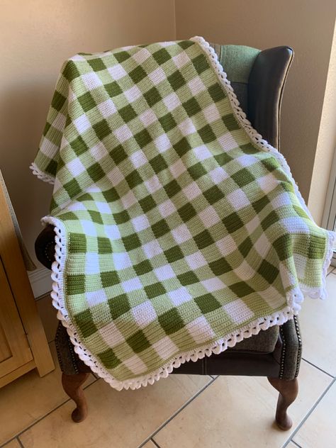 Baby checkered gingham tartan plaid afghan blanket in green and white wool/acrylic mix yarn with crocheted wave border Crochet Checkered Blanket, Crocheted Baby Blankets, Crochet Checkered, Checkered Blanket, Hip Hip Hooray, Afghan Blanket, Hip Hip, Baby Blanket Crochet, Tartan Plaid