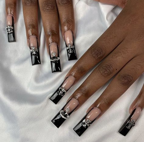 Black Acrylic Nails With Cross, Black French Tips With Charms, Pluto Nails, Chrome Hearts Nails, Chrome Heart Nails, Long Acrylic, Heart Nails, Chrome Hearts, Long Acrylic Nails