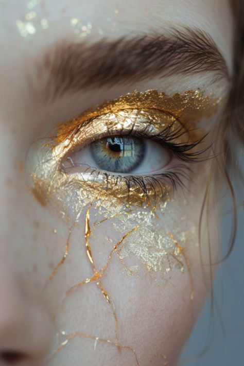 Kintsugi Gold Eyeshadow Ideas For Japanese Beauty Dripping Gold Makeup, Golden Tears Makeup, Gold Tears Makeup, Kintsugi Makeup, Golden Eyeshadow Looks, Sun Makeup Looks, White And Gold Makeup, Golden Makeup Look, Angle Makeup