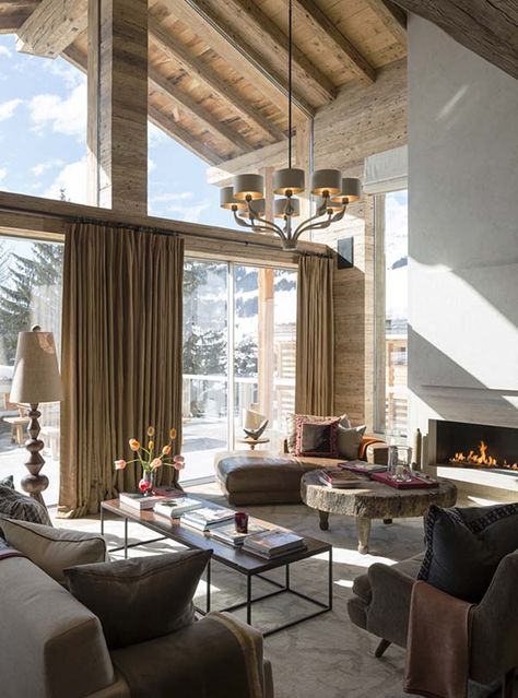 Switzerland Chalet-Louise Jones Interiors-04-1 Kindesign Modern Chalet, Chalet Chic, Chalet Interior, Chalet Design, Chalet Style, Ski Chalet, Chic Living Room, Cabin Style, Rustic Living Room