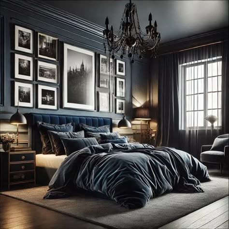 Dark Velvet Bedding, Blue Dark Academia Bedroom, Blue Velvet Bed Frame Bedroom Ideas, Dark Jewel Tone Bedroom, Blue Bed Frame Bedroom Ideas, Blue Velvet Bedroom Ideas, Blue Velvet Bedding, Blue Velvet Bedroom, Blue And Black Bedroom