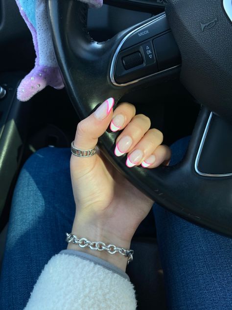 White French Tip With Pink Line Under, Outlined French Tip Nails Almond, White French With Pink Line, French Tip With Pink Line, Outlined French Tip Nails, Dip Nails With Tips, Pink French Tip Nails Almond, Acrylics Ideas, Classic French Tip