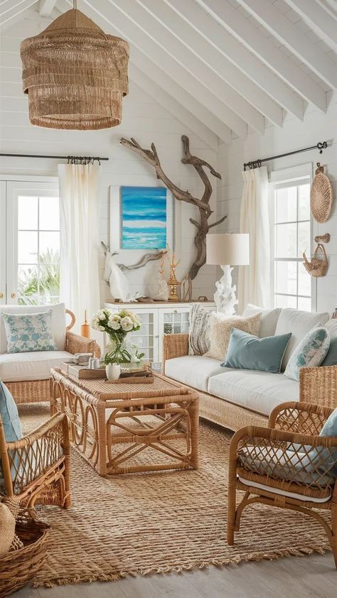 Boho Beachy Room, Coastal Farmhouse Living Room Ideas, Coastal Farmhouse Living Room, Boho Coastal Decor, Boho Style Living, Newport House, Boho Beach House, Boho Dining Room, Living Room Decor On A Budget