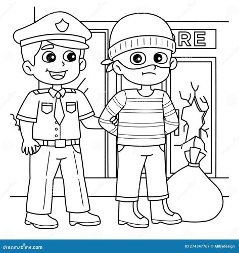 Police Man Arresting a Thief Coloring Page Stock Vector - Illustration of arresting, outline: 274347767 Police Coloring Pages Free Printable, Police Man Drawing, Thief Drawing, Coloring Station, Drawing Silhouette, Child Draw, Kids Police, Police Man, Page Illustration