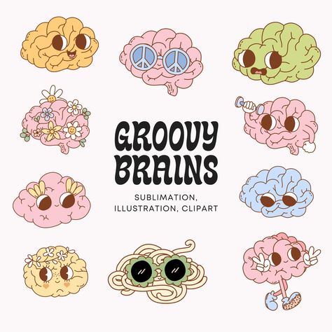 Brain Cartoon Illustration, Cute Brain Illustration, Brain Graphic Design, Brain Doodle, Cute Digital Stickers, Watercolor Brain, Brain Sticker, Cartoon Brain, Mental Health Stickers