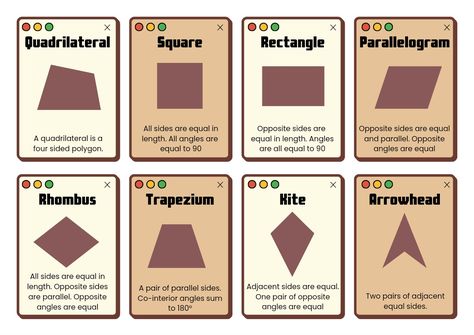 Brown, maths, flashcards, shapes, quadrilaterals, KS2, KS3, KS4, GCSE, math Maths Flashcards, Properties Of Quadrilaterals, Types Of Quadrilaterals, Exam Study Tips, Studying Math, Math Methods, Exam Study, Math Tricks, Math Resources